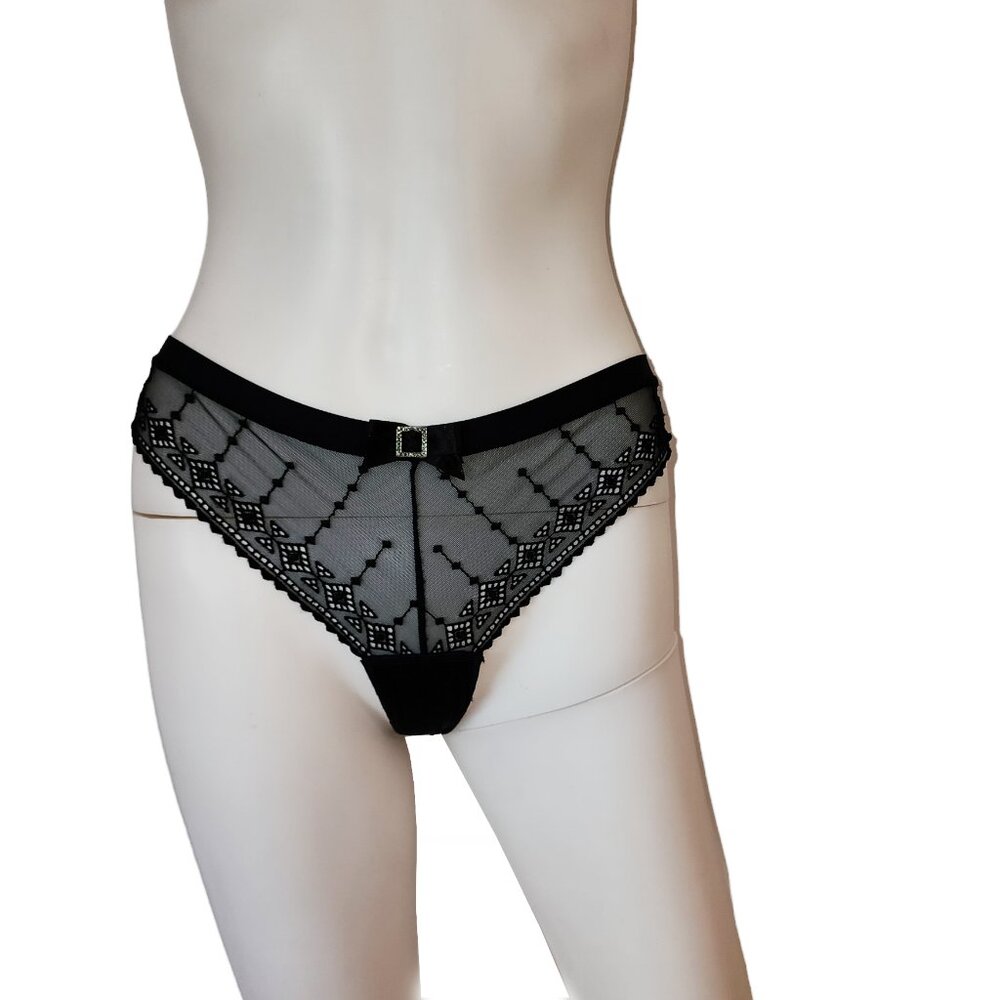 Vintage LOU Paris Lace Thong Panty Accented with Rhinestone Buckle